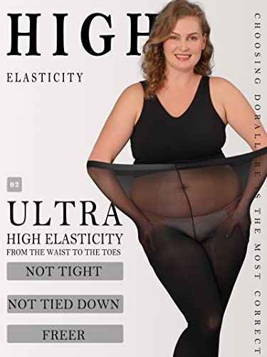 DORALLURE Oversize Plus Size Tights for Women, Solid Color Soft Footed High Waist Pantyhose3