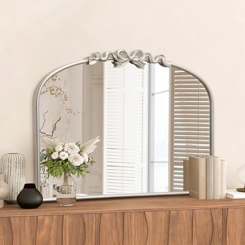 Image of Besdomus Antique Arched Silver Mirror: 32x24 Vintage Bow Vanity Mirror | French Baroque Metal Framed - Traditional Ornate for Living Room /Entryway /Bathroom- Ideal for Guest Bath Remodeling
