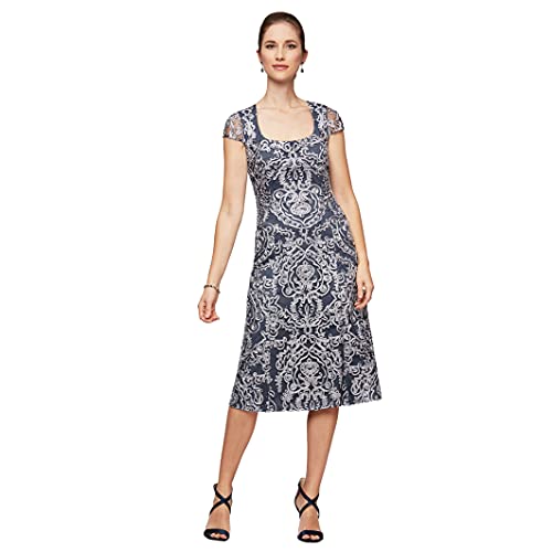 Image of Alex Evenings Women's Tea Length Dress with Rosette Detail