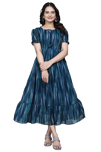 Image of Women Gown with Abstract Print | Georgette One Piece Dress with Puff Sleeves | Round Neck Tiered Midi Frock for Women | Ladies Western Maxi Dress