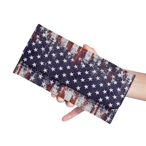 Image of AFPANQZ Womens Wallets, Leather Trifold Multi Card Holder Slots Wallet, American Stripe Elegant Clutch Phone Holder Zip Inner Pocket Multi-Cards Slots Large Travel Wallet