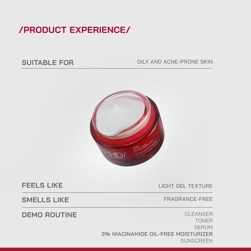 Image of /PHD / 3% Niacinamide Oil-Free Moisturizer | Face Moisturizer for Oily & Acne-Prone Skin | Lightweight Gel for Men & Women with CICA & Tripeptide | Hydrates & Controls Oil | 0.05% Salicylic acid| 100g