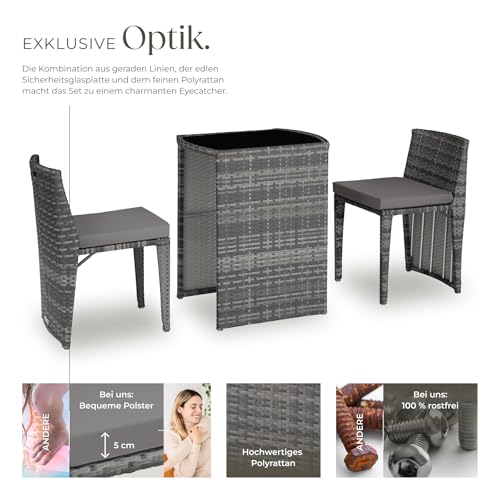 tectake® Poly Rattan Bistroset mit Aluminium Gestell, platzsparend zusammenschiebbar, Gartenmöbel Set mit 2 Stühlen & Tisch, Outdoor Möbel… – Ansicht 3