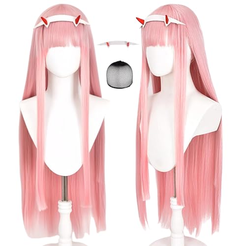 Lshpresx Zero Two Cosplay peluca Anime largo recto rosa disfraz pelo sintético + peluca Net