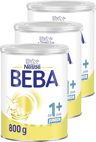 BEBA Junior 1+ Milchgetränk ab dem 1. Geburtstag, Mit HMO, Altersgerecht angepasster Proteingehalt, Nur Laktose, Ohne Palmöl, Ohne Fischöl, Kleinkindnahrung, Baby-Milchpulver, 3er Pack (3 x 800g)