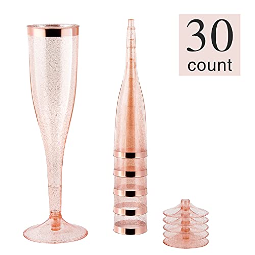 Rose Gold Plastic Champagne Flutes [1 Box Of 30 ] 6.5 Oz Gold Glitter Plastic Classic Ware Plastic Toasting Glasses Disposable Wine Mimosa Glasses For Wedding Party Cocktail Pink Cups (Rose Gold) #TOP1