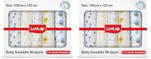 Image of LuvLap 100% Cotton Muslin Baby Swaddle Set, Baby Towel, Size-120cm x 100cm (47 inchx39 inch), Triangles Birds & Balloons Printed on White, Printed Mulmal Muslin Swaddle Wrap for New Born, Pack of 10