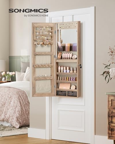 Image of SONGMICS Jewelry Cabinet Armoire Organizer with LED Lights, Wall-Mounted Storage Cabinet with Full-Length Frameless Mirror, Built-in Makeup Mirror, 2 Drawers, Lockable, Camel Brown UJJC013N01