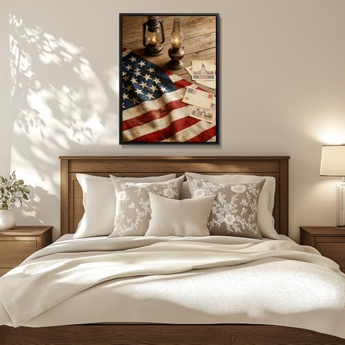 Image of American Flag Framed Canvas Wall Art, 4th of July Red White Blue Canvas Prints, USA Flag with Picture Patriotic Decorations, Modern Independence Day Wall Decor for Bedroom Living Room Office 8x10