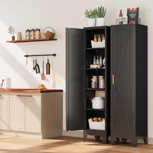 Image of Bevivog 67 inch Slim Storage Cabinet, Narrow Metal Broom Closet for Laundry Room Bathroom, Tall Slim Pantry Cabinets for Small Space