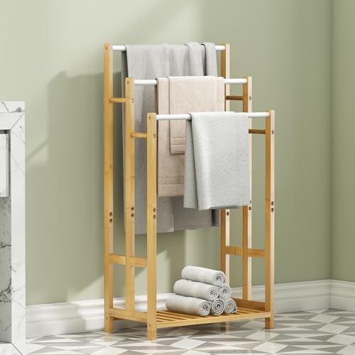Dripex Freestanding Towel Rack, Towel Shawls Holder with Bamboo Storage Shelf, Stainless Steels Rods, Bamboo Frame, Lightweight, for Home, Bathroom (L46xW24xH76/86/96cm) - Cosy Home Interiors Dripex Freestanding Towel Rack, Towel Shawls Holder with Bamboo Storage Shelf, Stainless Steels Rods, Bamboo Frame, Lightweight, for Home, Bathroom (L46xW24xH76/86/96cm)