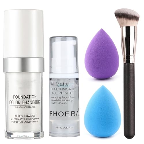 5PCS Color Change Foundation Set for Mature Skin Full Coverage Makeup Set with Face Primer Brush Makeup Sponge Long Lasting Waterproof Universal Shade for All Skin Types (Colour Change Foundation)
