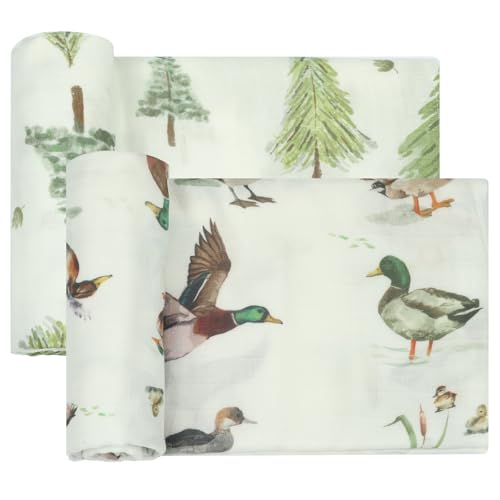 Image of Muslin Swaddle Blankets Neutral - Soft 47x47 Inch Baby Swaddle Wrap & Nursery Receiving Blanket, Mallard Duck /Woodland - Breathable 70% Bamboo Viscose & 30% Cotton