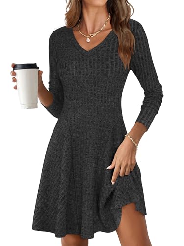 ANRABESS Women Long Sleeve Ribbed Knit Short Dresses 2025 Fall Winter V Neck Casual Swing A Line Sweater Dress Black Medium