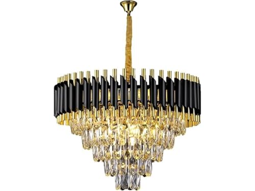 Image of Zingy Modern 5-Tiers Crystal Pendant Light Black Gold Round Ceiling Light Fixture (Antique, 600mm), 3 Colors Led Plate Included Warm White, Natural Light, Chandelier Light (L-60*B-60*H-75 Cm) A