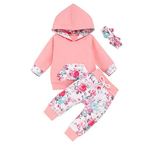 Image of 3Pcs Infant Toddler Baby Girl Clothes Long Sleeve Hoodie with Pocket Tops Floral Pants Outfits Set with Headband