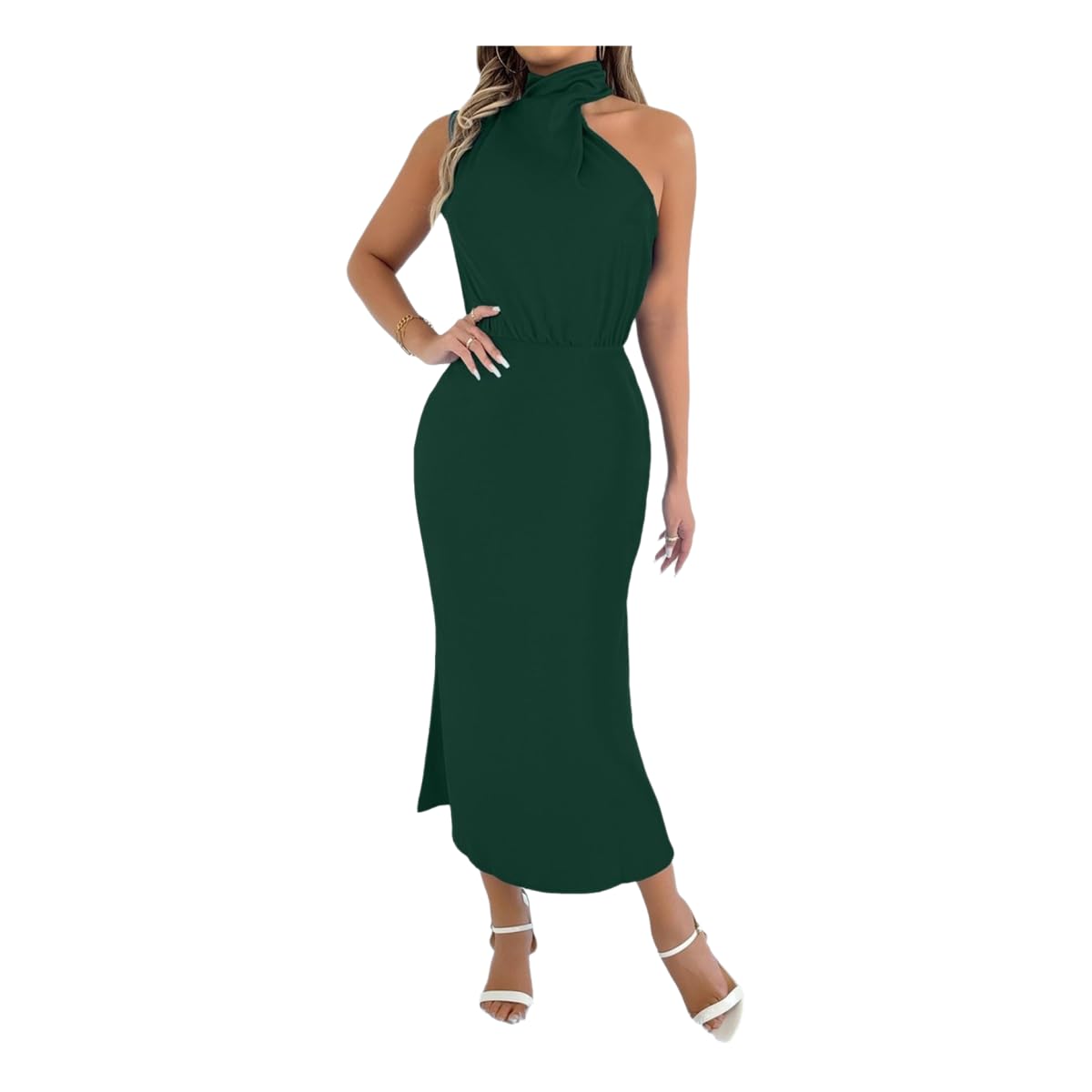 Abiti Abito Midi di Seta da Donna, Elegante Vestito Sexy per Matrimoni con Arrotolato Drappeggiato -Verde-XS