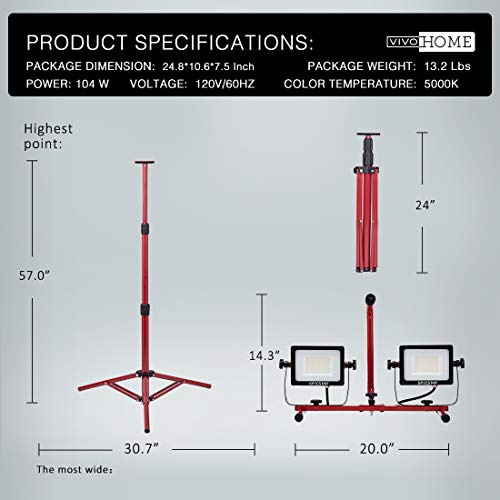 Specstar 104W 10000 Lumen Dual Head Led Work Lights With Telescoping Tripod Stand Rotating Lamps, Ip65 Waterproof, 5000K Daylight White, 10 Ft Power Cord #TOP5