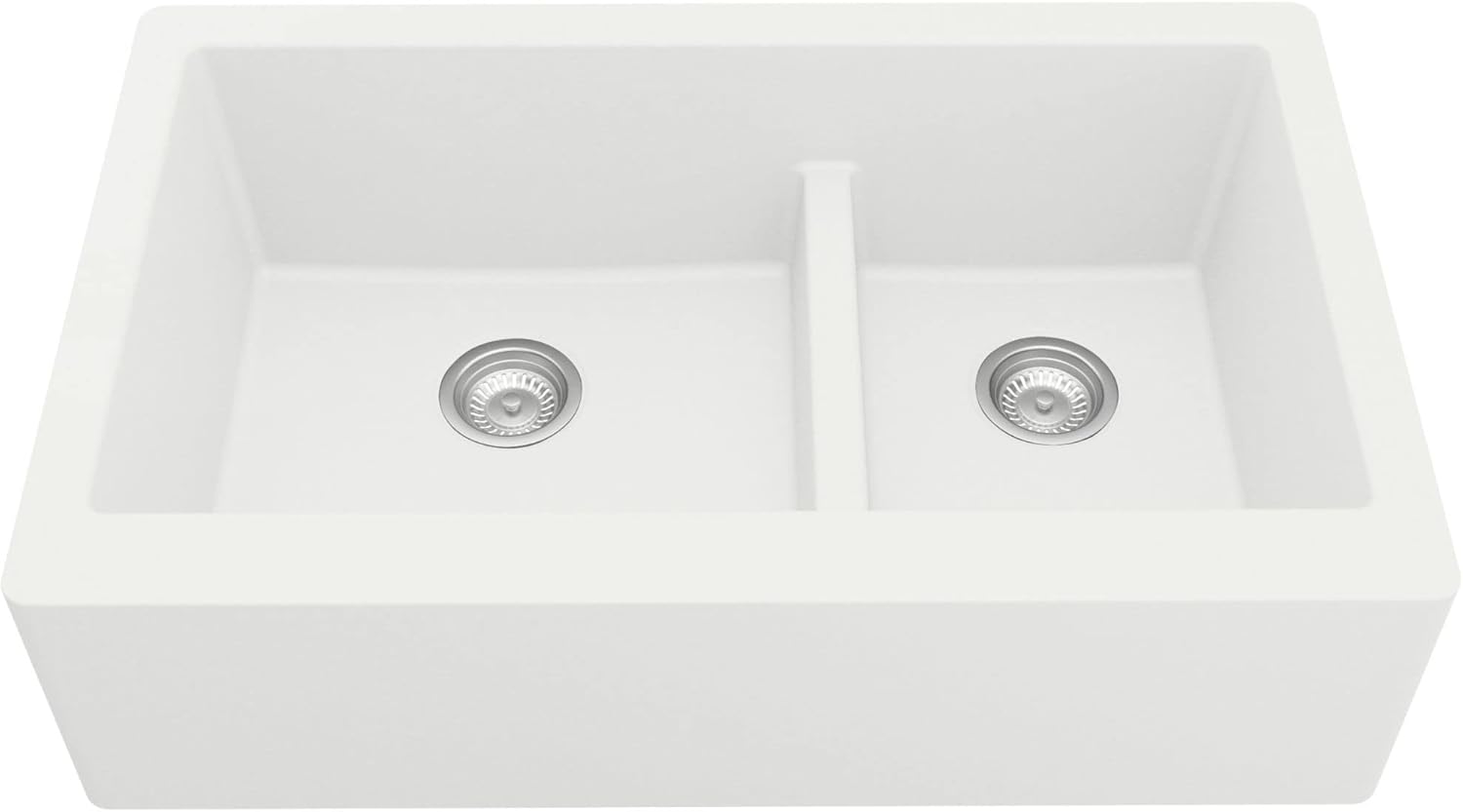 Karran Farmhouse Apron Front Quartz Composite Kitchen Sink, 34 in. 60/40 Double Bowl Low Divide, Heat & Scratch Resistant, Rear Drain (Black)