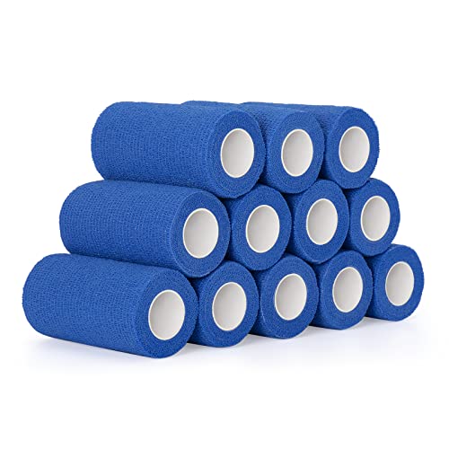 12 Roll Selbstklebender Verband 10cm Kohäsive Bandage Selbsthaftende Haftbandage Verband Elastische Binde für Finger, Hand Cohesive Bandage Fixierverband Pet Vet Wrap für Pferd Dog Bandagen (Blau)