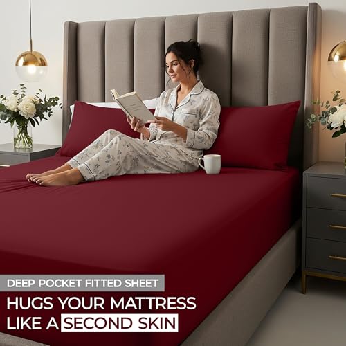 Utopia Bedding King Deep Pocket Fitted Sheet – Extra Deep Pocket – Fits up to 21 Inch Mattress – Hotel Luxury – Soft, Breathable and Comfy – Shrinkage and Fade Resistant – Easy Care – (Burgundy)
