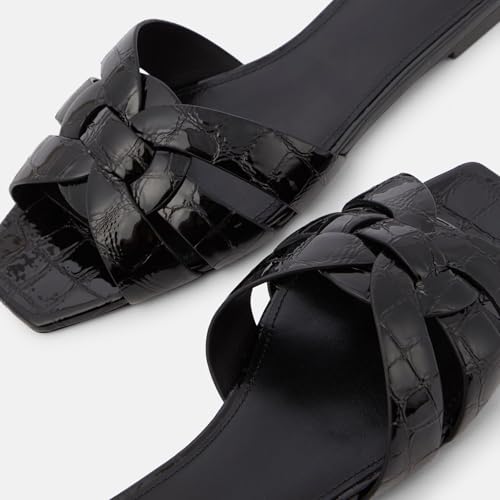 Image of THESHY Women's Flat Sandals Square Toe Patent Leather Comfortable Slip on Slippers Casual Summer Dressy Beach Slide Sandals for Women