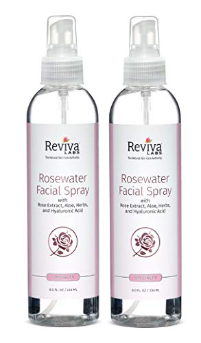Reviva Labs Rosewater Facial Spray with Aloe, Herbs and Hyaluronic Acid, 8 ounce (Pack of 2)