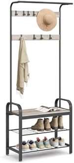 VASAGLE Coat Rack, Coat Stand with Shoe Storage Bench, 4-in-1 Design, with 9 Removable Hooks, a Clothes Rail, for Hallway, Entrance, 34 x 72 x 183 cm, Industrial, Greige and Black HSR40MB