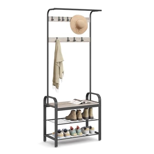 VASAGLE Garderobenständer, Garderobe, Schuhregal mit Sitzfläche, Kleiderständer mit 9 abnehmbaren Haken, Sitzbank, 2 Gitterablagen, 183 cm hoch, Industrie-Design, Greige-schwarz HSR40MB