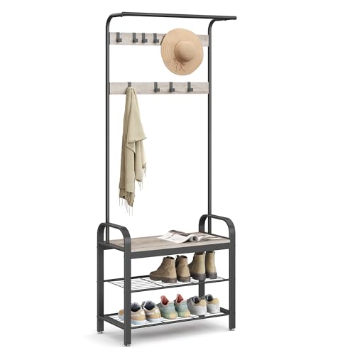 VASAGLE Coat Rack, Coat Stand with Shoe Storage Bench, 4-in-1 Design, with 9 Removable Hooks, a Clothes Rail, for Hallway, Entrance, 34 x 72 x 183 cm, Industrial, Greige and Black HSR40MB