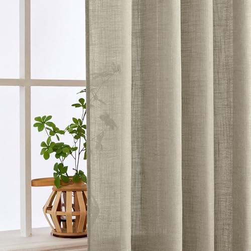 MIULEE Oatmeal Linen Curtains 96 Inches Long 2 Panels for Bedroom Living Room, Soft Thick Linen Textured Natural Window Drapes Semi Sheer Light Filtering Back Tab Rod Pocket Burlap Look Decor
