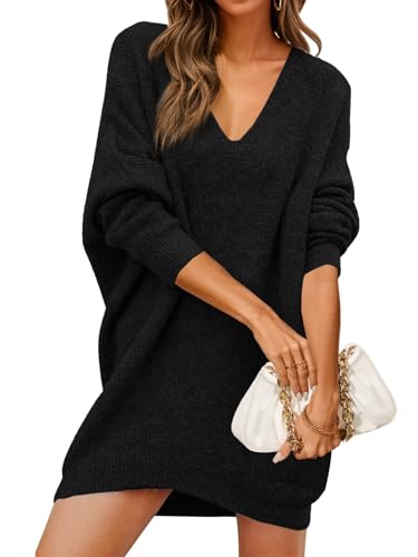 Saodimallsu Pulloverkleid Damen V-Ausschnitt Übergroßes Strickpullover Elegant Warm Rippstrick lässig lockere Freizeitkleid für Herbst Winter...