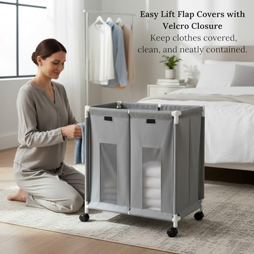 Image of 2-Section Laundry Basket with Wheels | 130L Rolling Laundry Hamper with Lid Cover | Foldable Oxford Fabric Laundry Bin for Clothes Sorting | Durable, Portable & Dustproof Organizer (Grey)