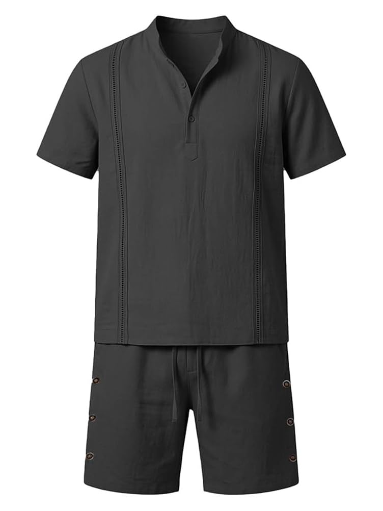 Ensemble en Lin 2 Pièce Homme Chemise T-Shirt Manches Courtes Pantacourt Shorts Jogging Été