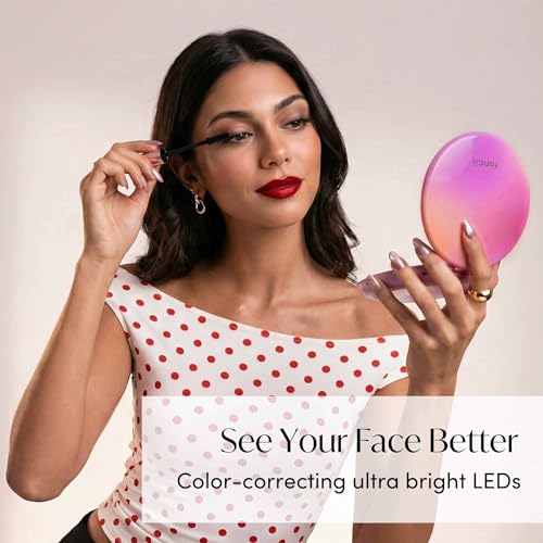 Image of Fancii Taylor LED Lighted Travel Makeup Mirror, Rechargeable, 10x /1x Magnifying, Tru-Glow Lighting System, XL Large 5 inch Wide | Compact Mirror for Purses (Berry Lemonade)