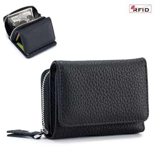 Women's Small Wallet RFID Wallet Zipper Coin Pocket Solid Color Multi Purpose Zipper Folded Purses (Black)2