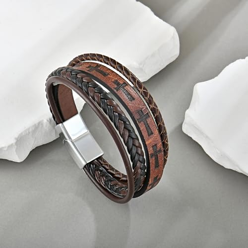 Pulsera de cuero trenzada para hombre con cruz miniatura 6