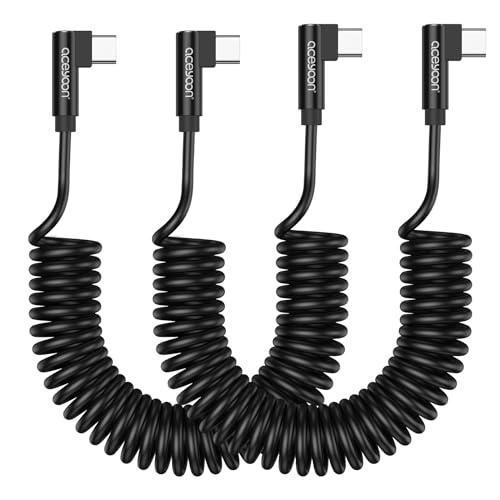 aceyoon 2 Unidades Coiled Cable USB C a USB C, 3 A/60 W Cable USB C Espiral de 90 Grados PD3.0 y QC3.0 Cable de Carga Rápida Compatible con iPhone 15/Pro/Plus/Pro MAX, Esteso da 0.3m a 1.5m