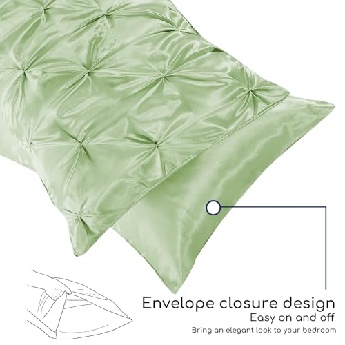 MR&HM Satin Comforter King 7 Pieces - Luxurious Pinch Pleat Bedding Set with Comforter, Flat Sheet, Fitted Sheet, Pillowcases & Shams, Super Silky Soft Bed Set for All Season (King, Light Sage)