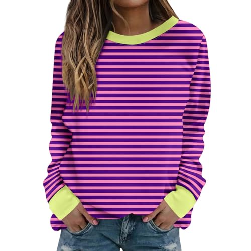 FOCLMP Women Striped Crewneck Sweatshirts Trendy 2024 Pullover Tops Long Sleeve Preppy Shirts Fall Fashion Clothing Sweaters for Teens Hot Pink XL