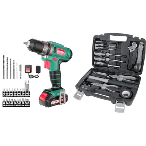 Akkuschrauber, HYCHIKA 12V Akku Bohrschrauber 30N·m Max. Drehmoment mit 1.5 Ah Akku & Amazon Basics - Werkzeug-Set für den Haushalt, Stahllegierung, 32 Teile, Schwarz/Grau