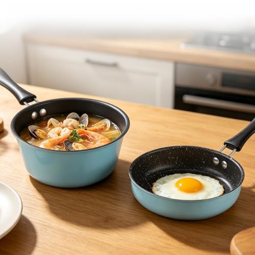 Toyosport 2 Pcs Mini Cookware Set, Nonstick Frying Pan & Milk Pot, Portable Single Serving Cooking Kit, Ideal for Camping, RV and Dorm Use, Blue, 4.7