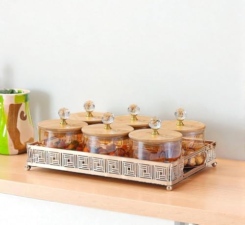 Image of Diwali Serving Dry Fruit, 6 pcs Glass Container Serving Tray Set | 600 ML Each Premium Design Air-Tight Lid Snack Organizer Tray Copper Stand Wooden Lid Diwali Gifts