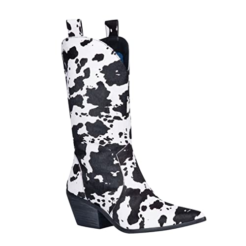 Cowboy Boots for Women Mid Calf Cowgirl Western Boots Cow Print Pointed Toe Chunky Heel Shoes US4-113