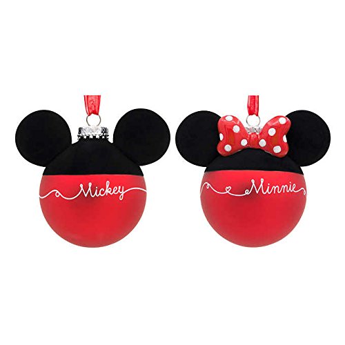 Disney Blown-Glass Christmas Holiday Ball Ornaments - Mickey & Minnie Mouse Silhouettes & Signatures, Set of 2