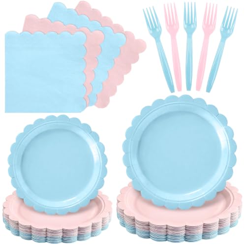 Oigco 96 Pcs Baby Gender Reveal Plates and Napkins Party Supplies Light Pink and Blue Scalloped Plates Napkins and Forks for Baby Shower Gender Reveal Decorations Serves 24