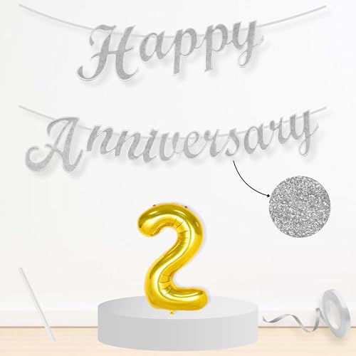 Image of Flyloons 2nd Happy Anniversary Banner Silver Decorations Kit for Men Women Wedding Anniversary Banner Items without Balloons