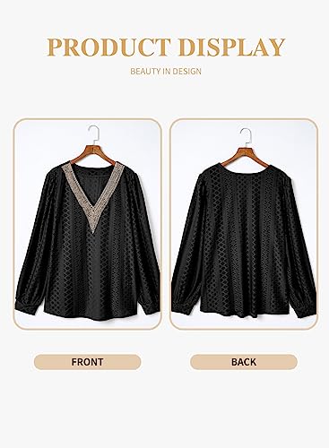 Eytino Womens Plus Size Tops Lantern Long Sleeve Lace V Neck Dressy Casual Blouse Loose Tunic Shirts(1X-5X)4