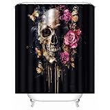 Skeleton Duschvorhang 200x240 cm Wasserdicht und Anti-Schimmel Waschbar - Gothic Totenkopf Schmetterling Blumen aus Premium-Polyester für Badewanne & Badezimmer mit 16 Haken + Verstärkten Ösen