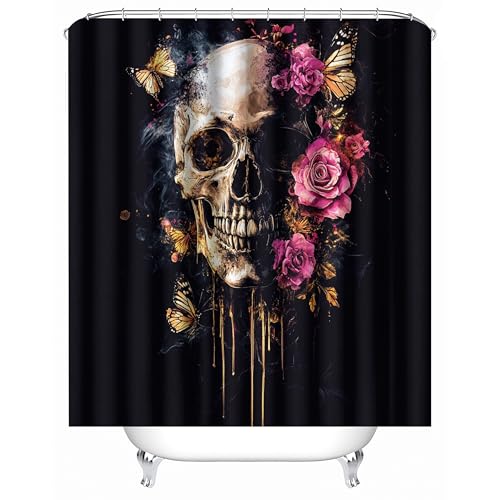 Skeleton Duschvorhang 200x240 cm Wasserdicht und Anti-Schimmel Waschbar - Gothic Totenkopf Schmetterling Blumen aus Premium-Polyester für Badewanne & Badezimmer mit 16 Haken + Verstärkten Ösen